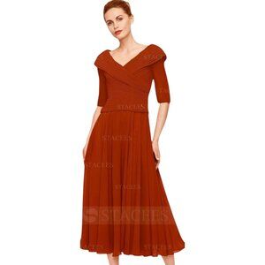 Rust Pleated Midi/Formal/Mother of the Bride Dress by STACEES – Size 12/14